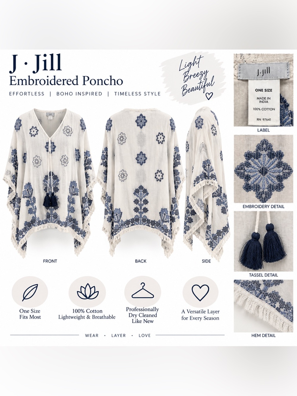 J. Jill Embroidered Cream Poncho with Blue Floral Motifs like new - one size